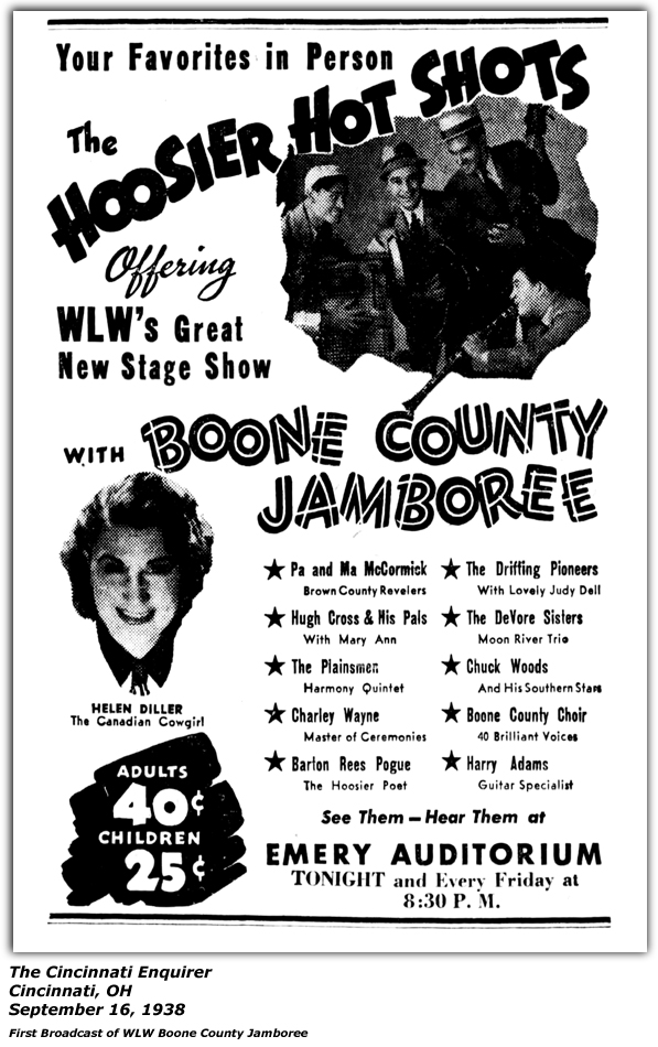 Promo Ad - Boone County Jamboree - Emery Auditorium - Cincinnati, OH - Helen Diller - Hugh Cross - Plainsmen - Charley Wayne - Barton Rees Pogue - Drifting Pioneers - Judy Dell - DeVore Sisters - Chuck Woods - Harry Adams - Sept 16, 1938