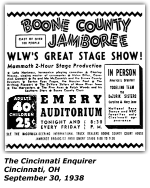 Promo Ad - Boone County Jamboree - WLW - Emery Auditorium - Sep 30, 1938 - Lafe Harkness - Helen Diller - Drifting Pioneers - DeVore Sisters - Ralph Woods - Barton Rees Pogue