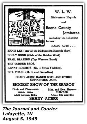 Promo Ad - WLW Midwestern Hayride and Boone County Jamboree - Shady Acres - Mulberry, IN - Ernie Lee - Dolly Good - Trail Blazers - Turner Brothers - Kenny Roberts - Bill Thall - Aug 1949