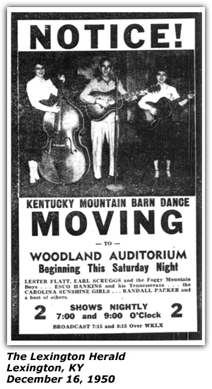 Promo Ad - Kentucky Mountain Barn Dance - Woodland Auditorium - Lexington, KY - Lester Flatt and Earl Scruggs - Foggy Mountain Boys - Esco Hankins - Carolina Sunshine Girls - Randall Parker - Dec 1950