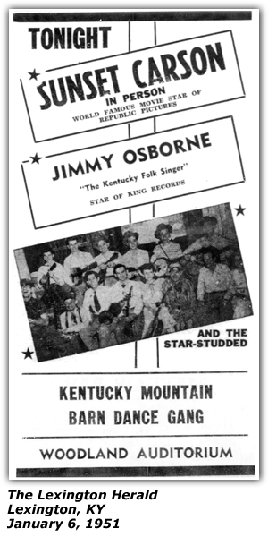 Promo Ad - Kentucky Mountain Barn Dance - Woodland Auditorium - Lexington, KY - Sunset Carson - Jimmy Osborne - Kentucky Mountain Barn Dance Gang - January 1951