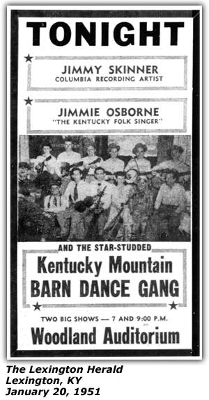 Promo Ad - Kentucky Mountain Barn Dance - Woodland Auditorium - Lexington, KY - Jimmy Skinner - Jimmie Osborne - Kentucky Mountain Barn Dance Gang - January 1951