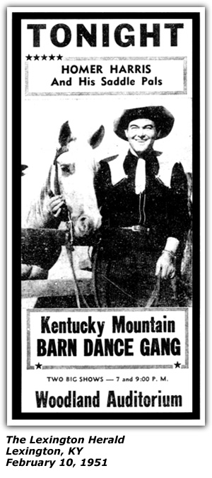 Promo Ad - Kentucky Mountain Barn Dance - Woodland Auditorium - Lexington, KY - Homer Harris - Kentucky Mountain Barn Dance Gang - February 1951