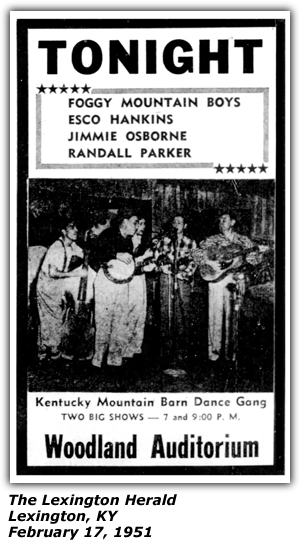 Promo Ad - Kentucky Mountain Barn Dance - Woodland Auditorium - Lexington, KY - Foggy Mountain Boys - Esco Hankins - Jimmie Osborne - Randall Parker - February 1951