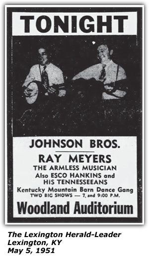Promo Ad - Kentucky Mountain Barn Dance - Woodland Auditorium - Lexington, KY - Johnson Brothers - Ray Meyers - Armless Musician - Esco Hankins - May 1951