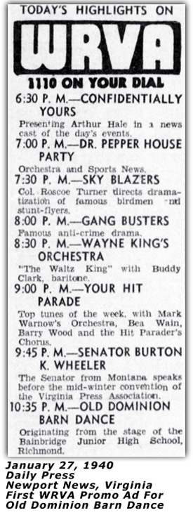 WRVA Broadcast Schedule January 27, 1940