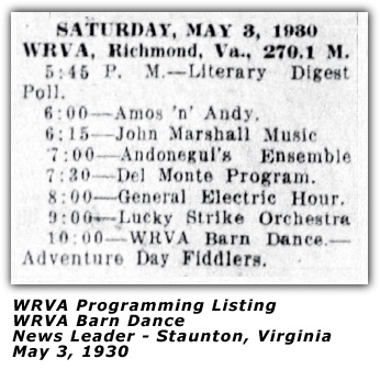 May 3, 1930 - WRVA Barn Dance