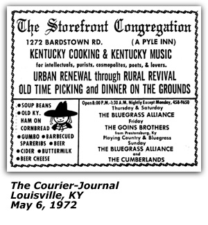 Promo Ad - The Storefront Congregation - May 1972 - Goins Brothers - Bluegrass Alliance