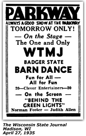 Promo Ad - Parkway Theater - Madison, WI - WTMJ Badger State Barn Dance - April 1935