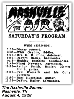 WSM Radio Log - August 4, 1928 - Nashville, TN - Whit Gaydon