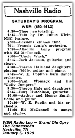 Radio Log - WSM - Grand Ole Opry - Jack Jackson - Guitarist and Singer - January 1929