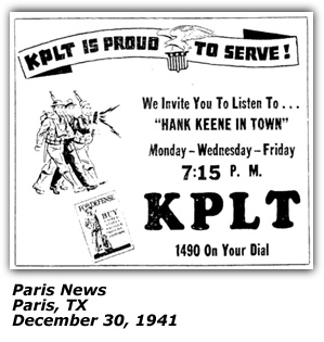 Promo Ad - Hank Keene In Town - KPLT - Paris, TX - Hank Keene - December 1941