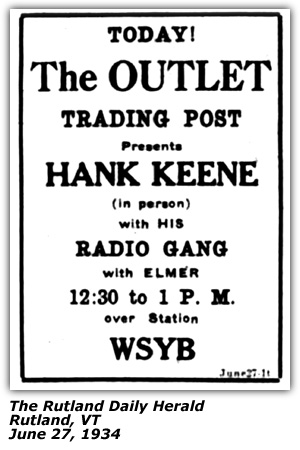 Promo Ad - The Outlet Trading Post - Hank Keene and his Radio Gang - WSYB - Rutland, VT - July 1934