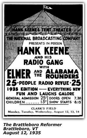 Promo Ad - Hank Keene's Tent Theatre - NBC - Hank Keene and his Radio Gang - Elmer and the Alabama Rounders - Brattleboro, VT - August 1935