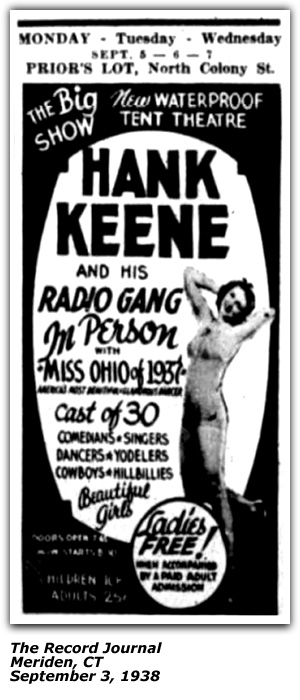 Promo Ad - Hnak Keene and his Radio Gang - Miss Ohio of 1937 - Meriden, CT - September 1938