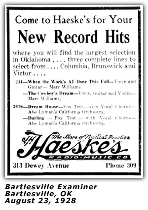 Promo Ad - Brunswick Records - Marc Williams; Haeske's Radio Music Co. ; Bartlesville, OK; 1928