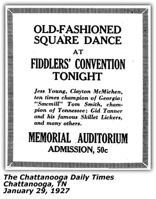 Promo Ad - Fiddler's Convention - Chattanooga - Jess Young, Sawmill Tom Smith, Gid Tanner - 1927