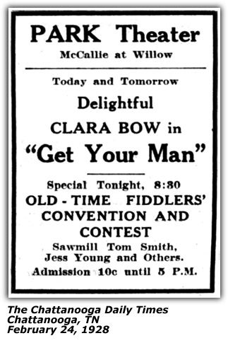 Promo Ad - Fiddler's Convention - Park Theater - Chattanooga - Jess Young, Sawmill Tom Smith - 1928