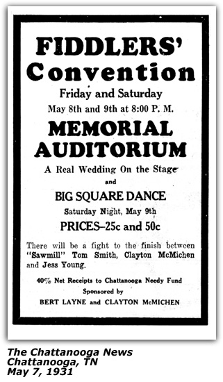 Promo Ad - Fiddler's Convention - Memorial Auditorium - Chattanooga - Sawmill Tom Smith; Clayton McMichen; Jess Young; Bert Layne - 1931