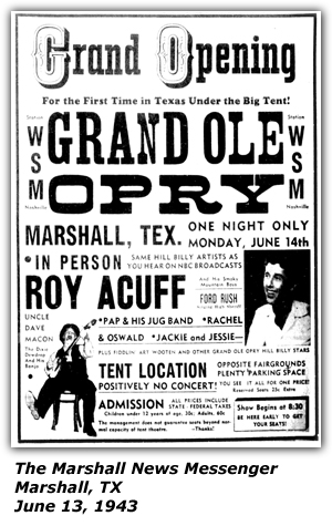 Promo Ad - Grand Ole Opry Tent Show - Marshall, TX - Uncle Dave Macon - Roy Acuff - Pap and his Jug Band - Brother Oswald - June 1943