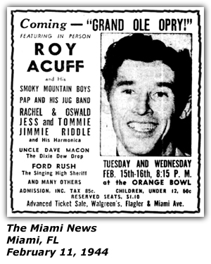 Promo Ad - Orange Bowl - Miami, FL - Roy Acuff - Pap and his Jug Band - Brother Oswald - Jimmie Riddle - Ford Rush - February 1944