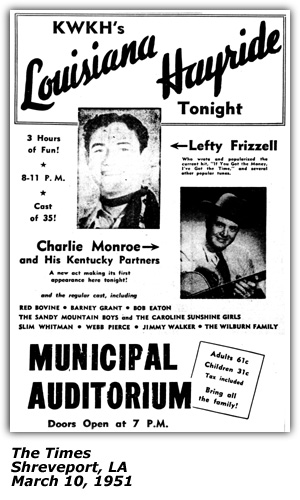 Promo Ad - KWKH Louisiana Hayride - Lefty Frizzell - Charlie Monroe - Bob Eaton - Barney Grant - Red Sovine - March 1951