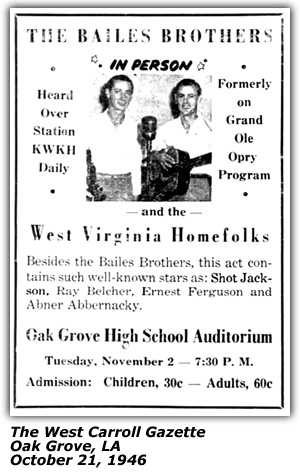 Promo Ad - Oak Grove H. S. Auditorium - Bailes Brothers - Shot Jackson - Ray Belcher - Abner Abbernacky - Ernest Ferguston - October 1946