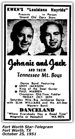 Promo Ad - Johnnie and Jack and their Tennessee Mountain Boys - Shot Jackson - Paul Warren - Danceland - Ft Worth, TX - October 1951