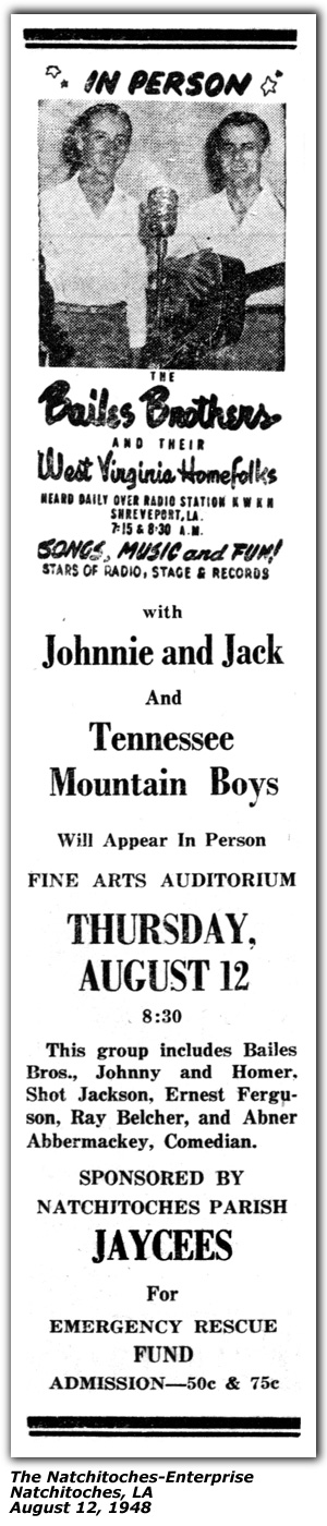 Promo Ad - Fine Arts Auditorium - Natchitoches, LA - Bailes Brothers - Johnnie and Jack and the Tennessee Mountain Boys - Tibby edwards - Shot Jackson - Ernest Ferguson - Ray Belcher - Abner Abbernackey - August 1948
