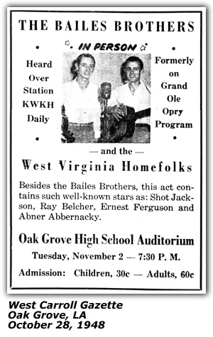 Promo Ad - Oak Grove High School Auditorium - Oak Grove, LA - Bailes Brothers - Ernest Ferguson - Shot Jackson - Ray Belcher - Abner Abbernacky - October 1948