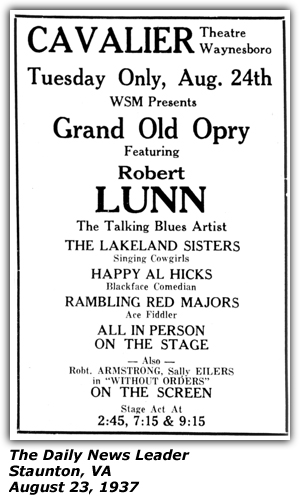 Promo Ad - Cavalier Theatre - Waynesboro,VA - Robert Lunn - Lakeland Sisters - Happy Al Hicks - August 1937