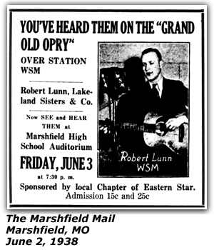 Promo Ad - Marshfield High School Auditorium - Marshfield, MO - Robert Lunn - Lakeland Sisters - June 1938
