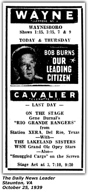 Promo Ad - Wayne Theatre - Waynesboro, VA - Gene Durnal and his Rio Grande Rangers - The Lakeland Sisters - October 1939