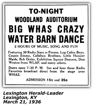 Promo Ad - Woodland Auditorium - Lexington, KY - Callahan Brothers - Log Cabin Boys - Cousin Emmy - Bob Drake - Hoosier Maids - March 1936