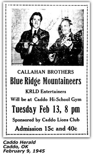 Promo Ad - Caddo High School Auditorium - Caddo, OK - Callahan Brothers - February 1945