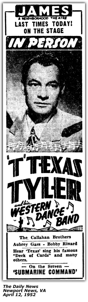 Promo Ad - James Theatre - Newport News, VA - T. Texas Tyler - Callahan Brothers - Aubrey Gass - Bobby Rinard - April 1952