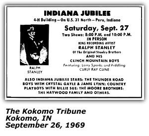 Promo Ad - Indiana Jubilee- Kokomo, IN - Ralph Stanely - Clinch Mountain Boys - Curly Ray Cline - September 1969