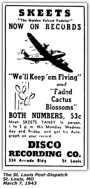 Promo Ad - Skeets Yaney - Disco Recording Co - March 1943