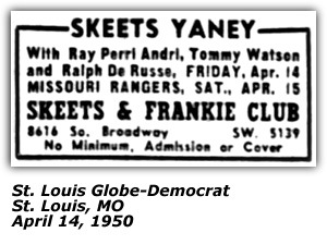 Promo Ad - Skeets and Frankie Club - Skeets Yaney, Ray Perriandri, Tommy Watson, Ralph DeSusse - April 1950