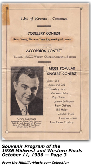 Souvenir Program - Page 3 - National Fidders Association's Band - Fiddlers' - Yodelers' Contests - October 1936