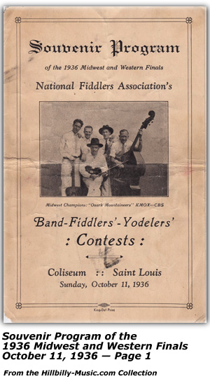 Souvenir Program - Page 1 - National Fidders Association's Band - Fiddlers' - Yodelers' Contests - October 1936
