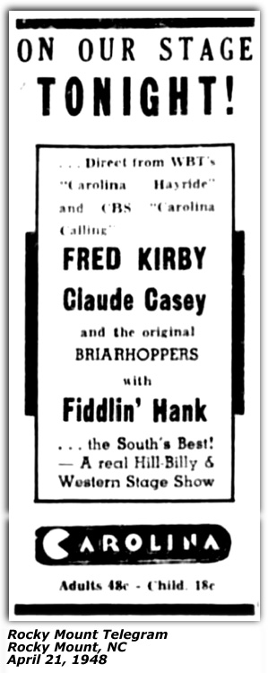 Promo Ad - Fred Kirby - Fiddlin' Hank - Claude Casey - 1948