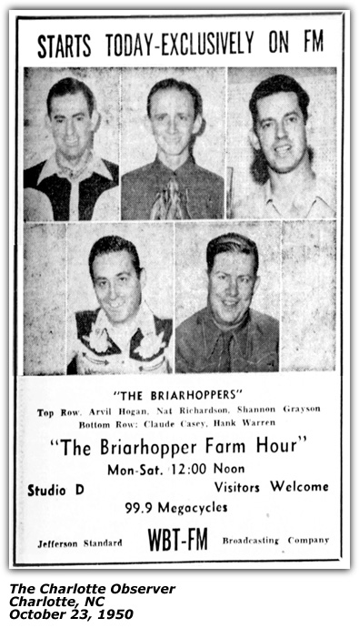 Promo Ad - Briarhopper Farm Hour - Arvil Hogan - Nat Richardson - Shannon Grayson - Claude Casey - Hank Warren - October 1950