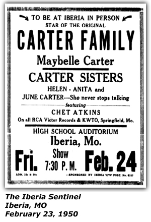 Promo Ad - Iberia (MO) High School Auditoirum - Carter Sisters - Maybelle Carter - February 24, 1950