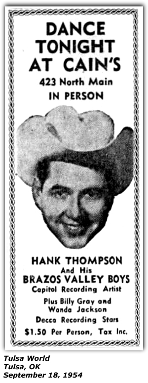 Promo Ad - Cain's - Tulsa, OK - Hank Thompson and his Brazos Valley Boys - Wanda Jackson - Billy Gray - September 1954