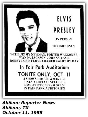 Promo Ad - Fair Park Auditorium - Abilene, TX - Elvis Presley - Wanda Jackson - Jimmy Newman - Porter Wagoner - Johnny Cash - Bobby Lord - Floyd Cramer - Jimmy Day