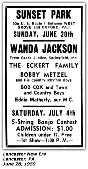 Promo Ad - Sunset Park - Oxford, PA - Wanda Jackson - The Eckert Family - Bobby Metzel - Bob Cox - Eddie Matherly (MC) - June 1959