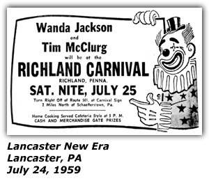 Promo Ad - Richland Carnival - Richland, PA - Wanda Jackson - Tim McClurg - July 1959