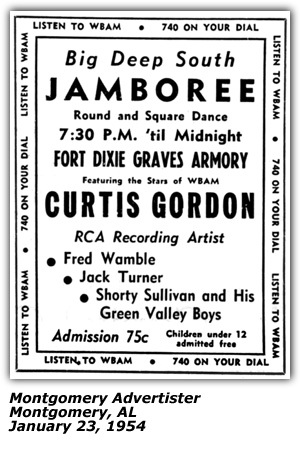 Promo Ad - Big Deep South Jamboree - Fort Dixie Graves Armory - Curtis Gordon - Frad Wamble - Jack Turner - Shorty Sullivan and his Green Valley Boys - Montgomery, AL - January 1954