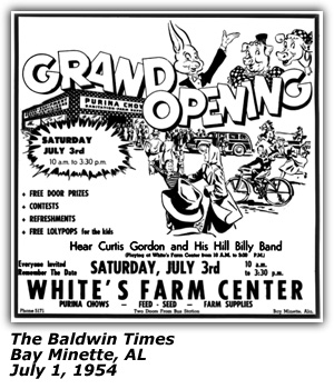 Promo Ad -White's Farm Center - Bay Minette, AL - Curtis Gordon - July 1954